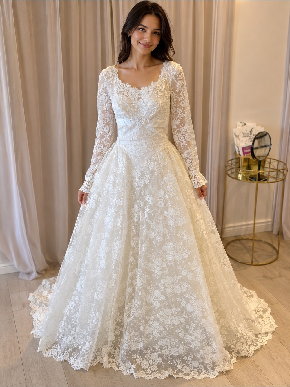 Vintage 1970 Ivory Lace Long-Sleeve A-Line Bridal wedding Gown